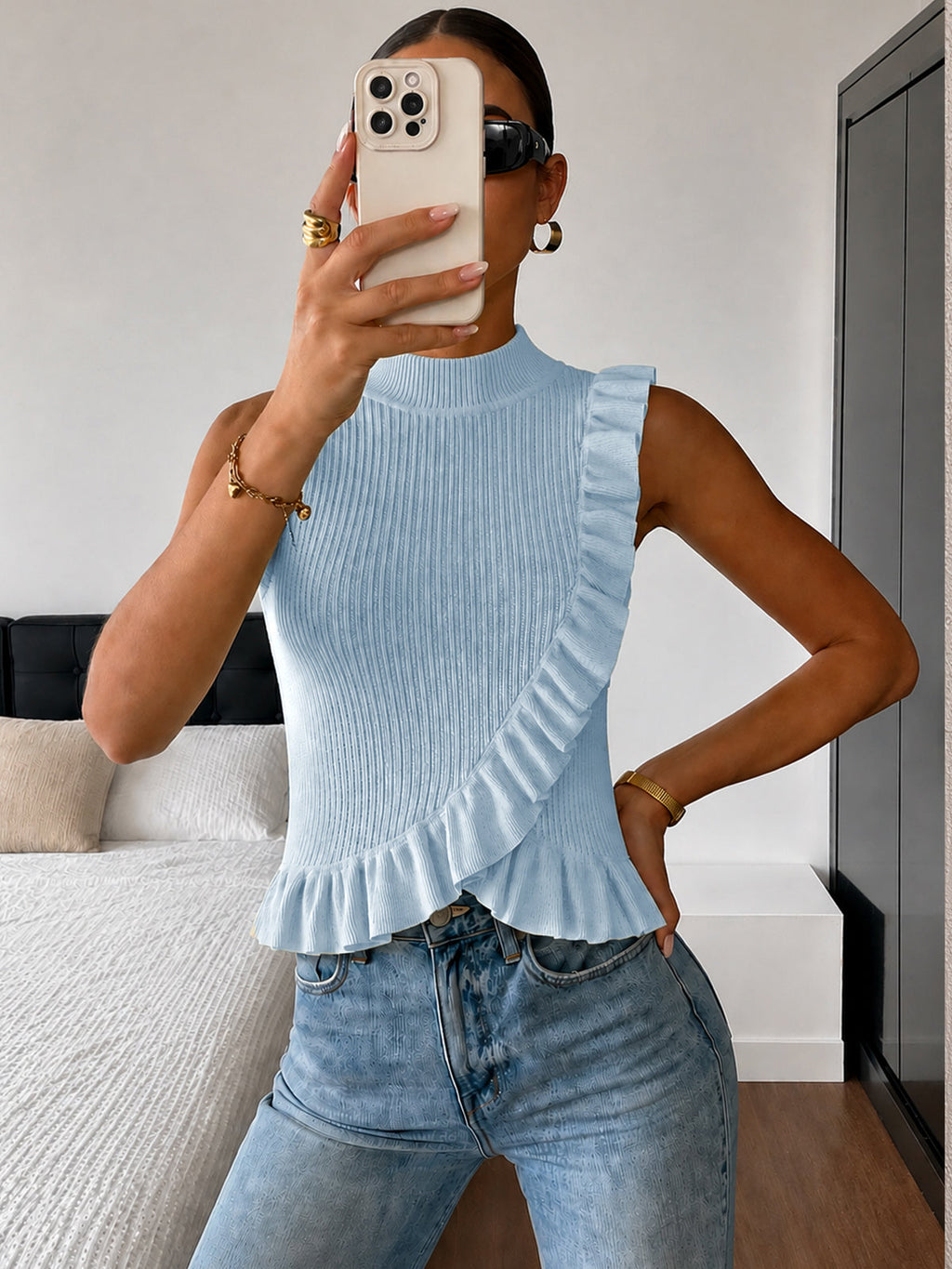 Chic Ribbed High Neck Sleeveless Top with Ruffle Detail