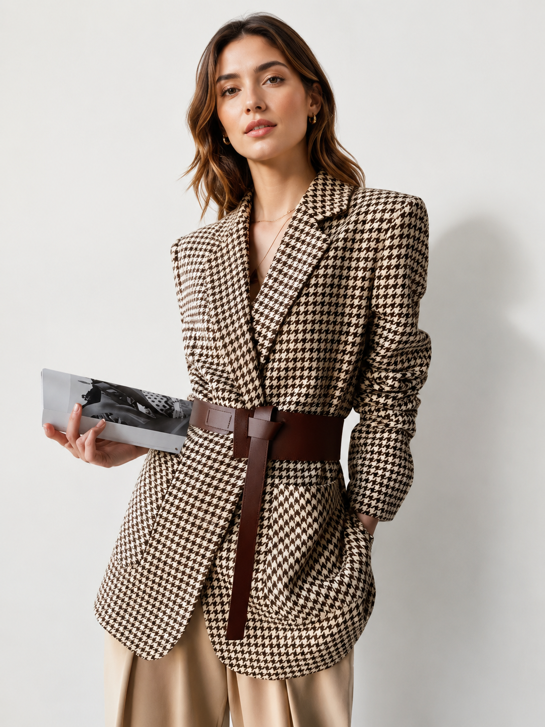 Houndstooth Print Blazer with Waist Tie Detail