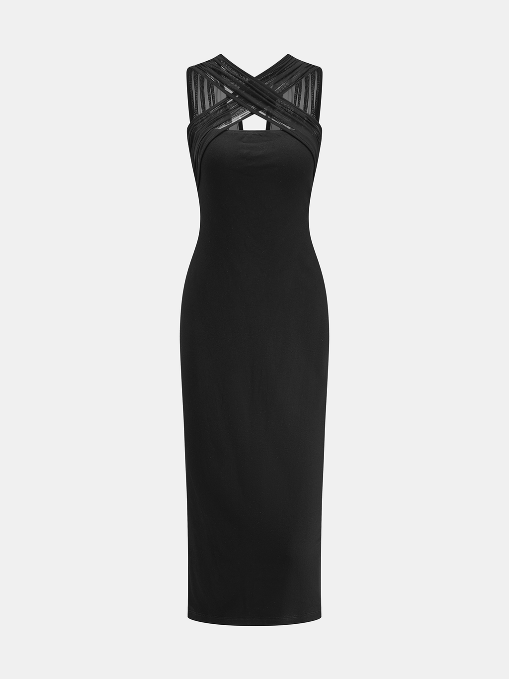 Sculpting Mesh Bodycon Midi Dress with Cross Strap Detail