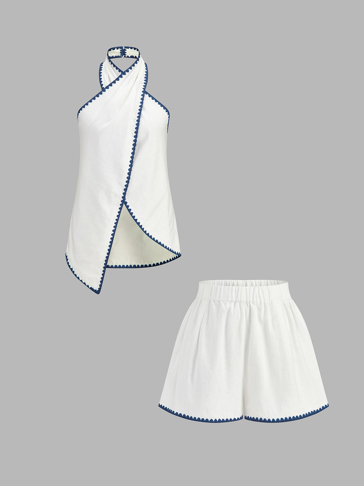 Linen Blend Two-Piece Set with Scalloped Trim