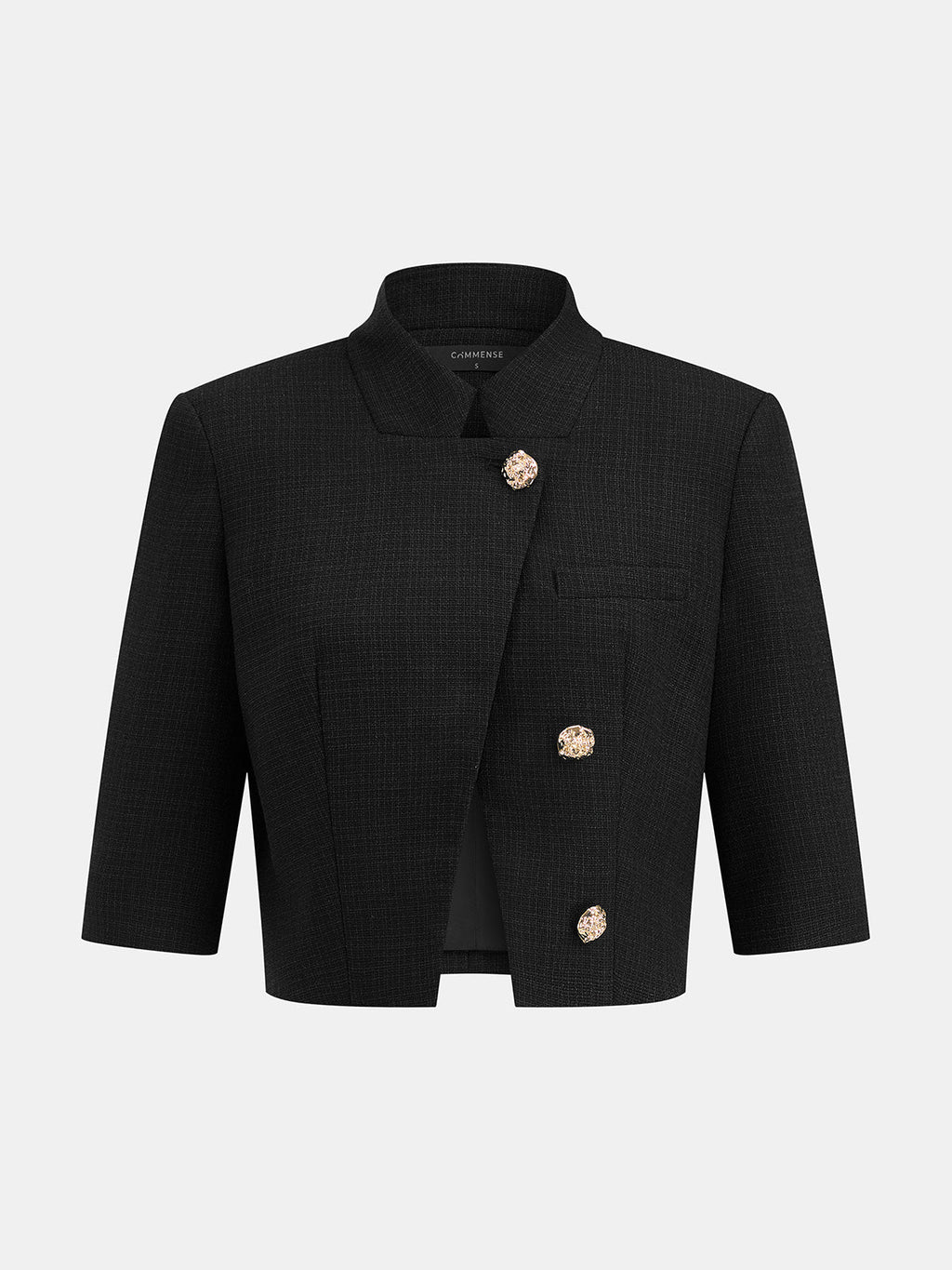 Tailored Stand Collar Blazer with Metal Button Accents