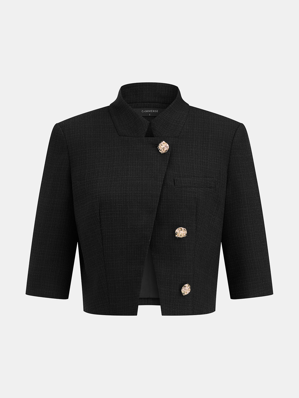 Tailored Stand Collar Blazer with Metal Button Accents
