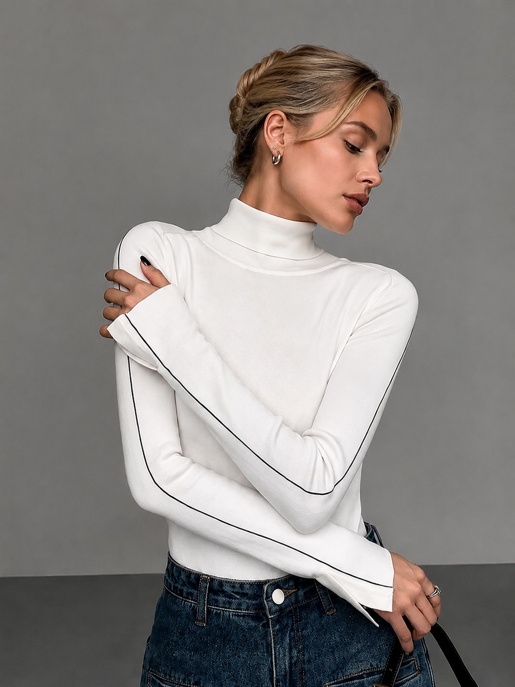 Turtleneck Sweater with Contrast Piping Detail