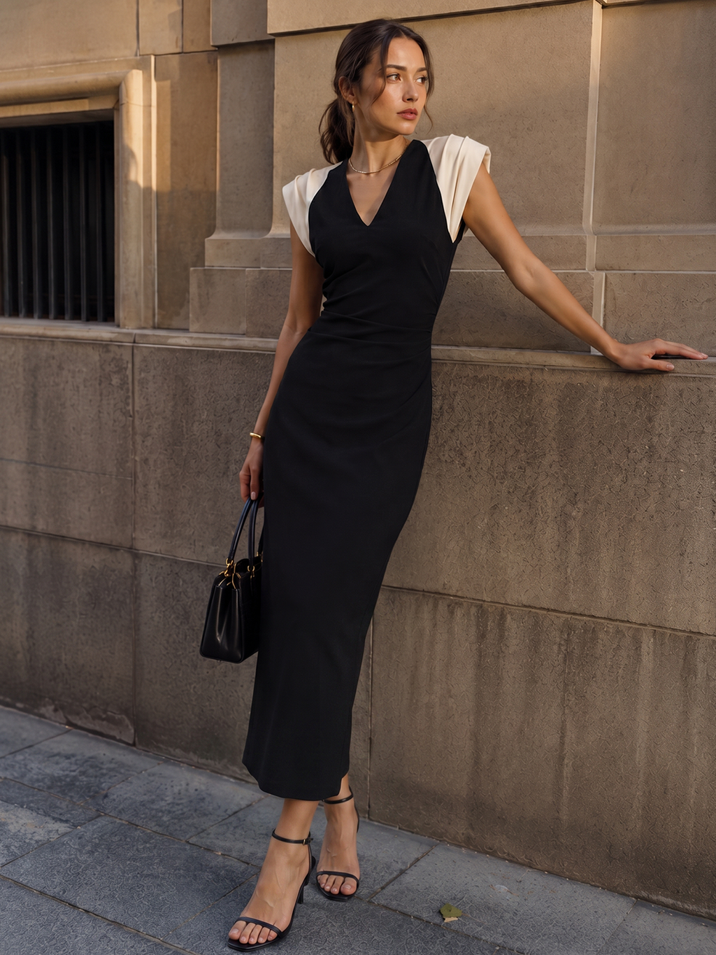 V-Neck Midi Dress with Color Block and Ruched Details