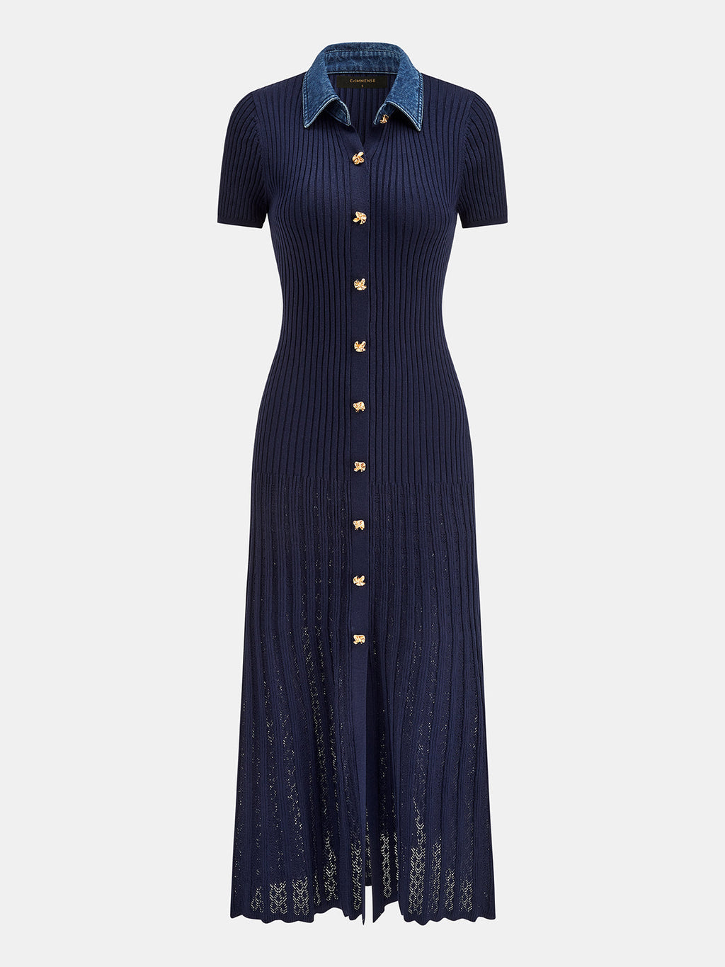 Ribbed Knit Maxi Dress with Denim Collar