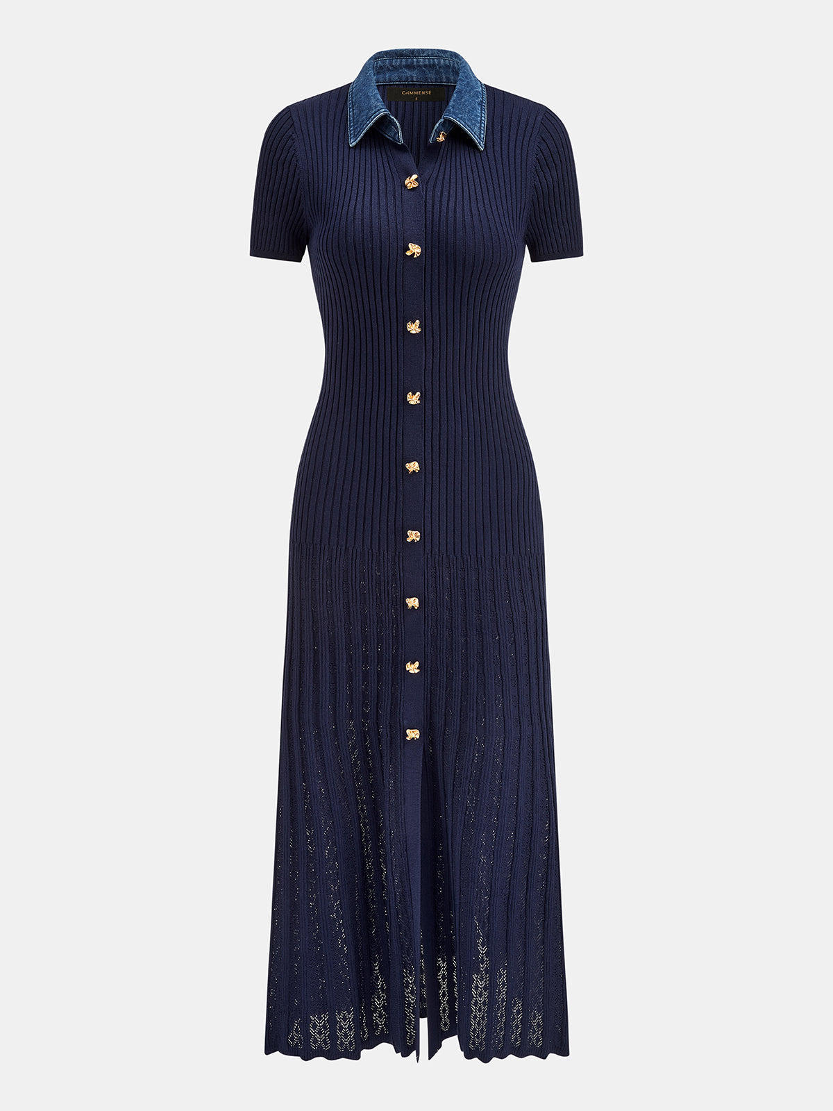 Ribbed Knit Maxi Dress with Denim Collar