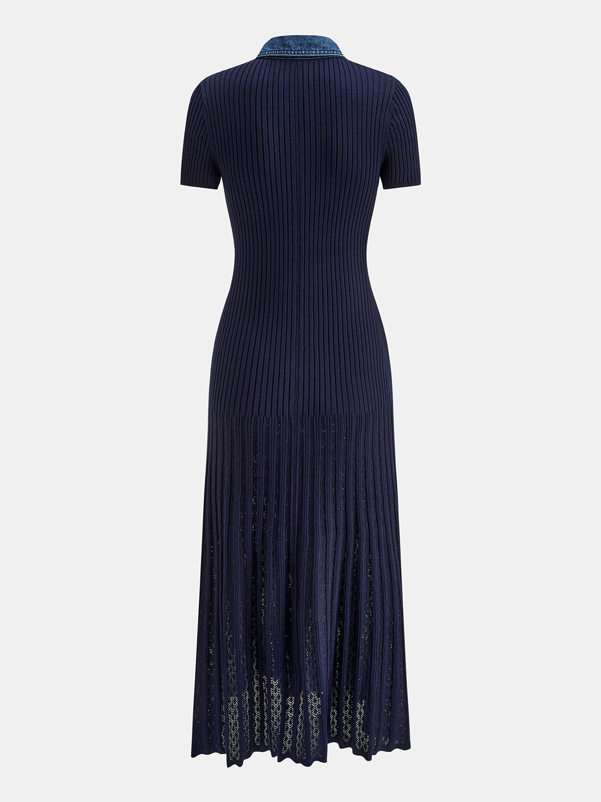 Ribbed Knit Maxi Dress with Denim Collar