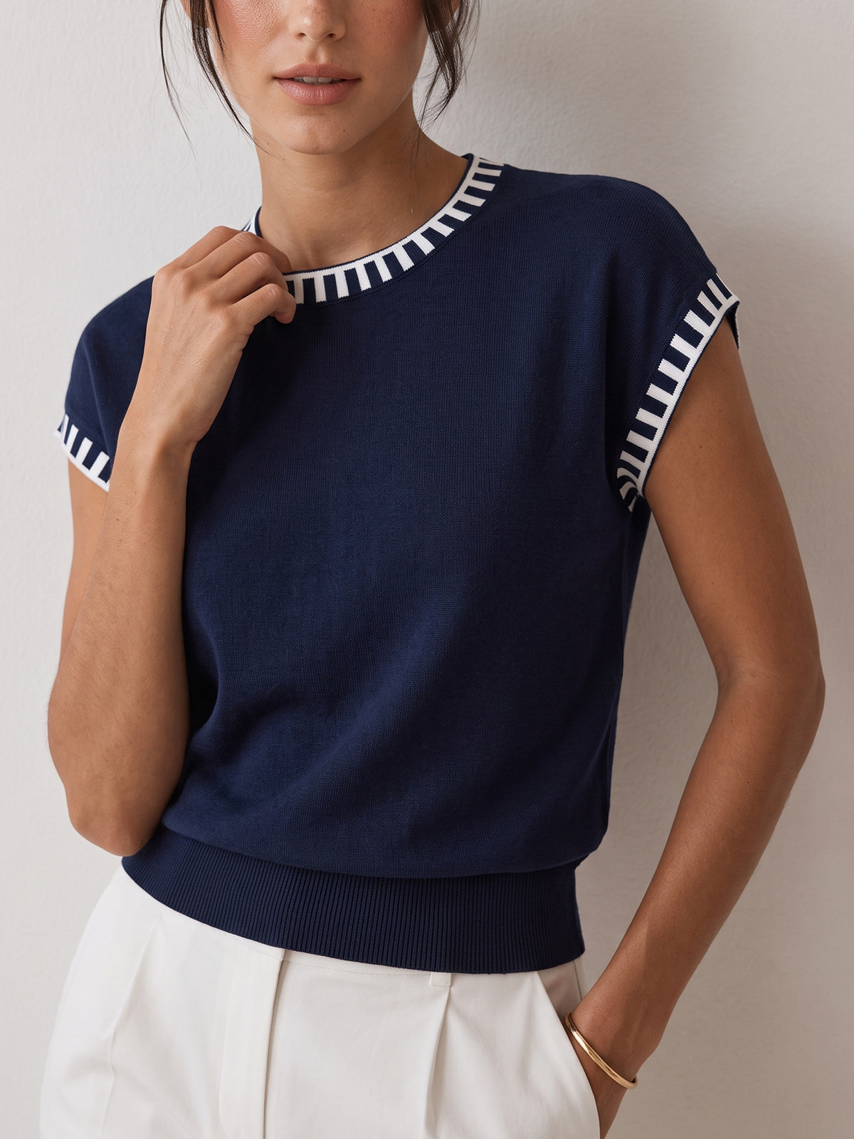 Cap Sleeve Knit Top with Contrast Trim