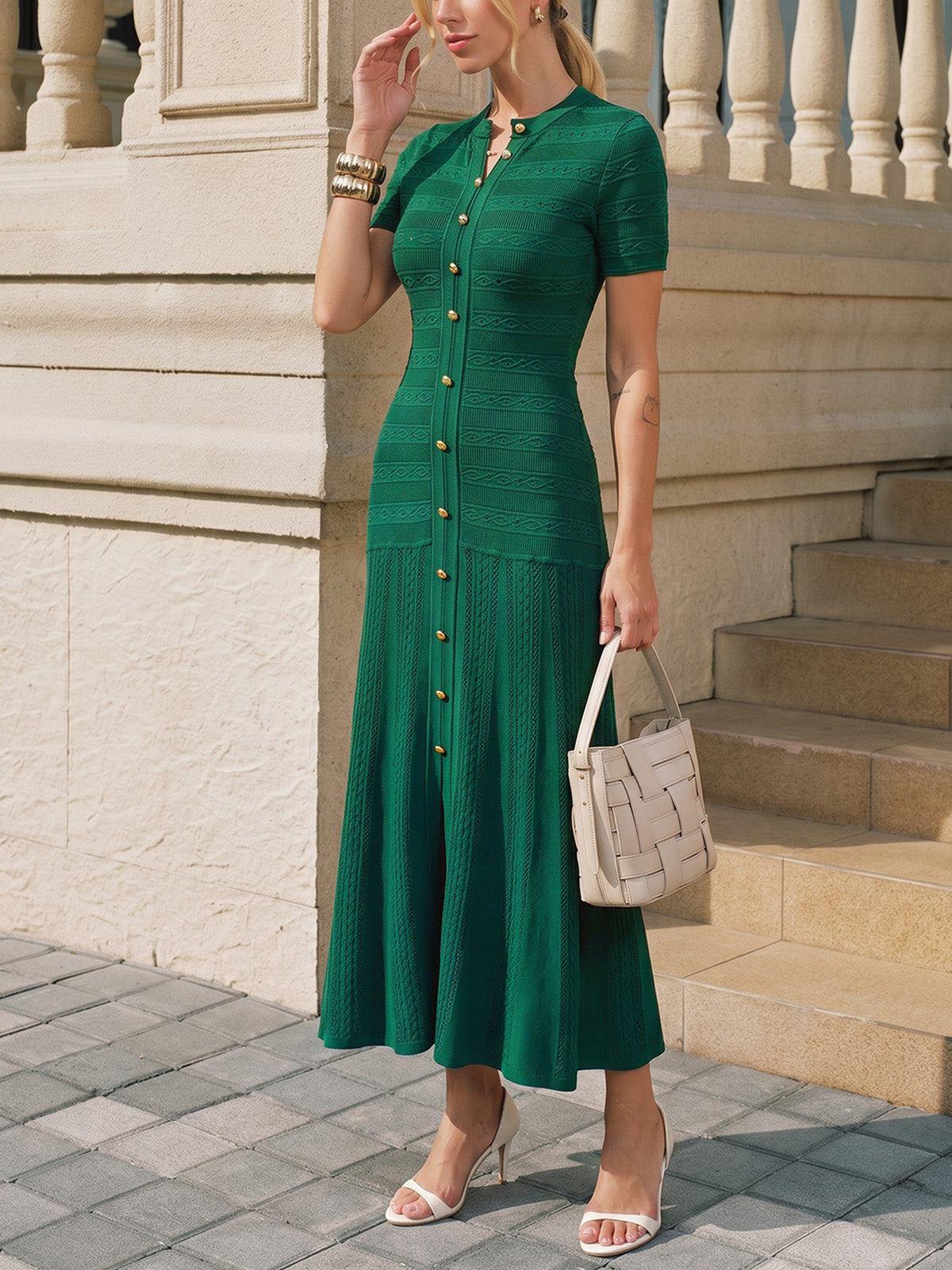 Textured Knit Midi Dress with Short Sleeves