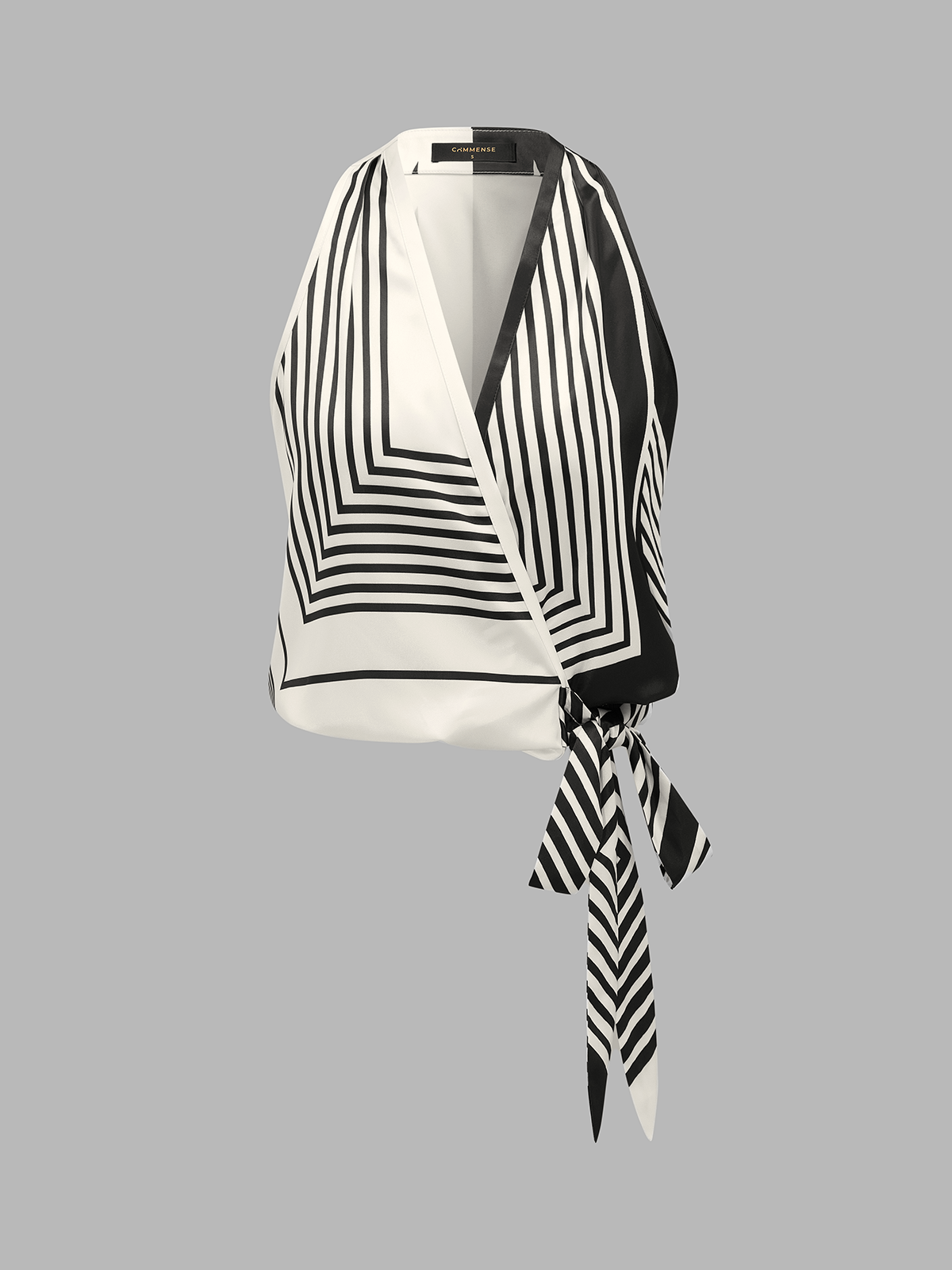 Satin Halter Wrap Top with Geometric Stripe Design
