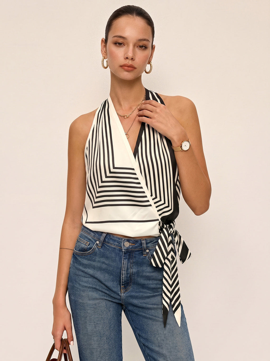 Satin Halter Wrap Top with Geometric Stripe Design