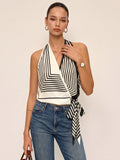 Satin Halter Wrap Top with Geometric Stripe Design