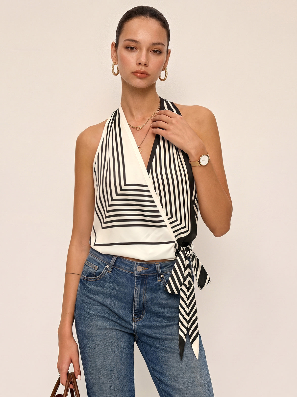 Satin Halter Wrap Top with Geometric Stripe Design