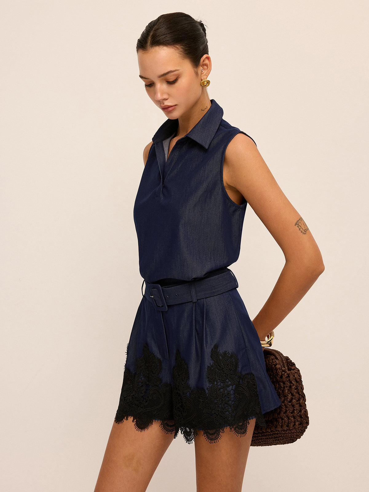 Chic Sleeveless Polo Top with Lace-Hem Shorts Ensemble