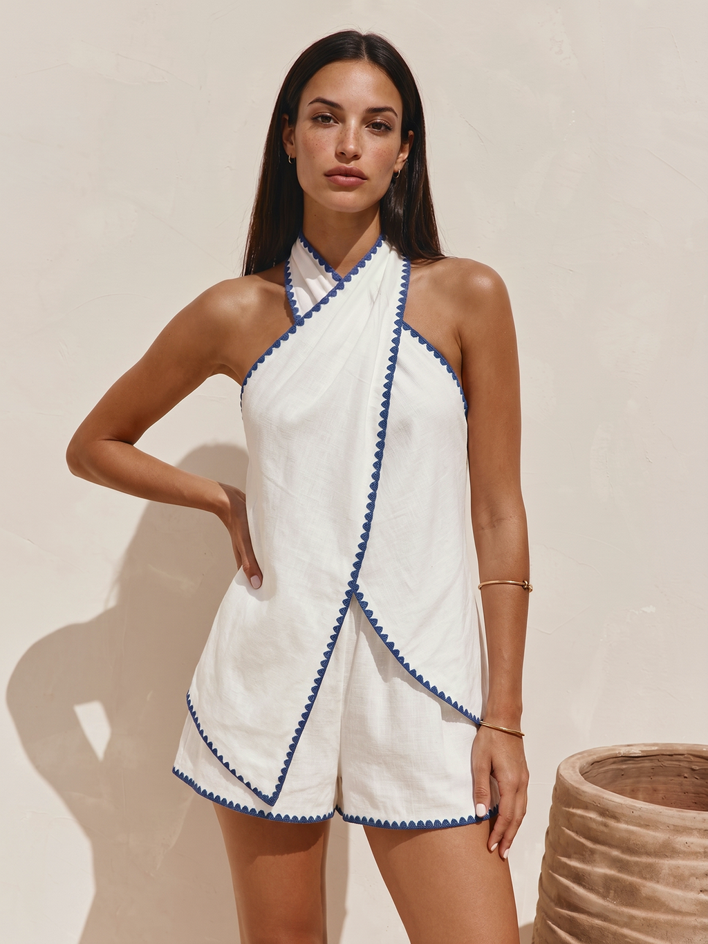 Linen Blend Two-Piece Set with Scalloped Trim