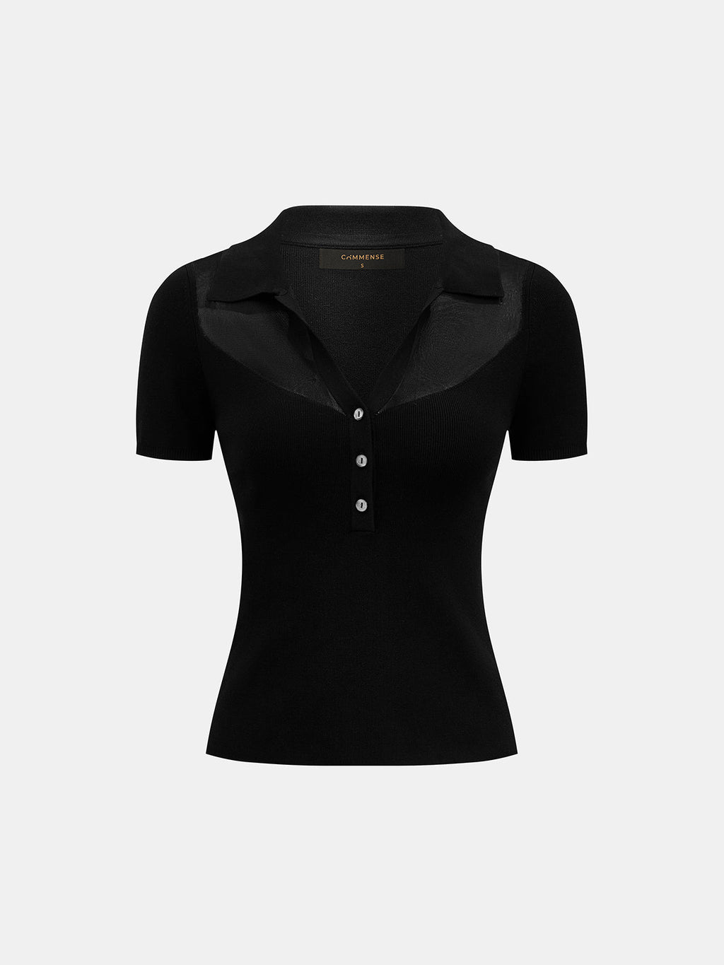 Sheer Panel Knit Top with Polo Collar