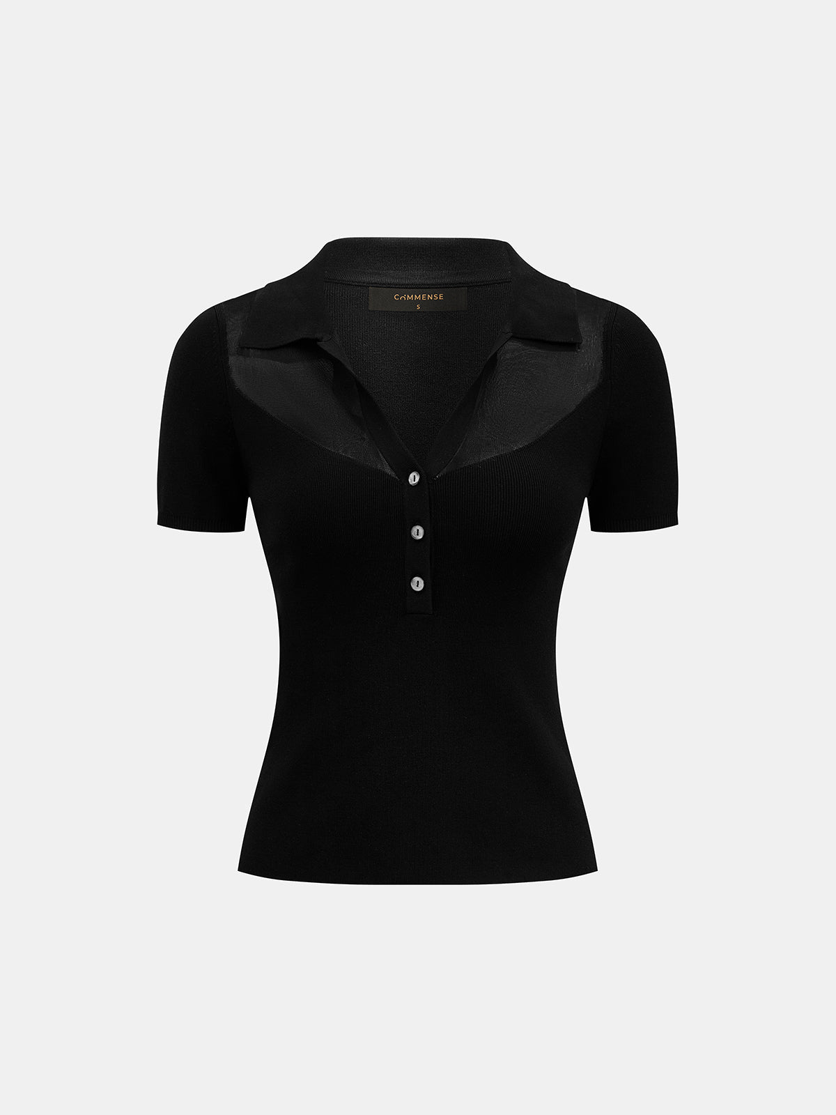 Sheer Panel Knit Top with Polo Collar