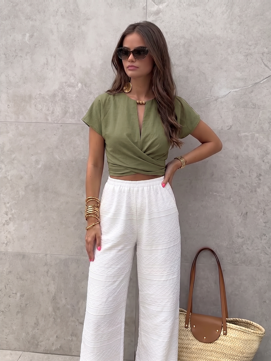 Tie-Back Wrap Crop Short Sleeve Blouse
