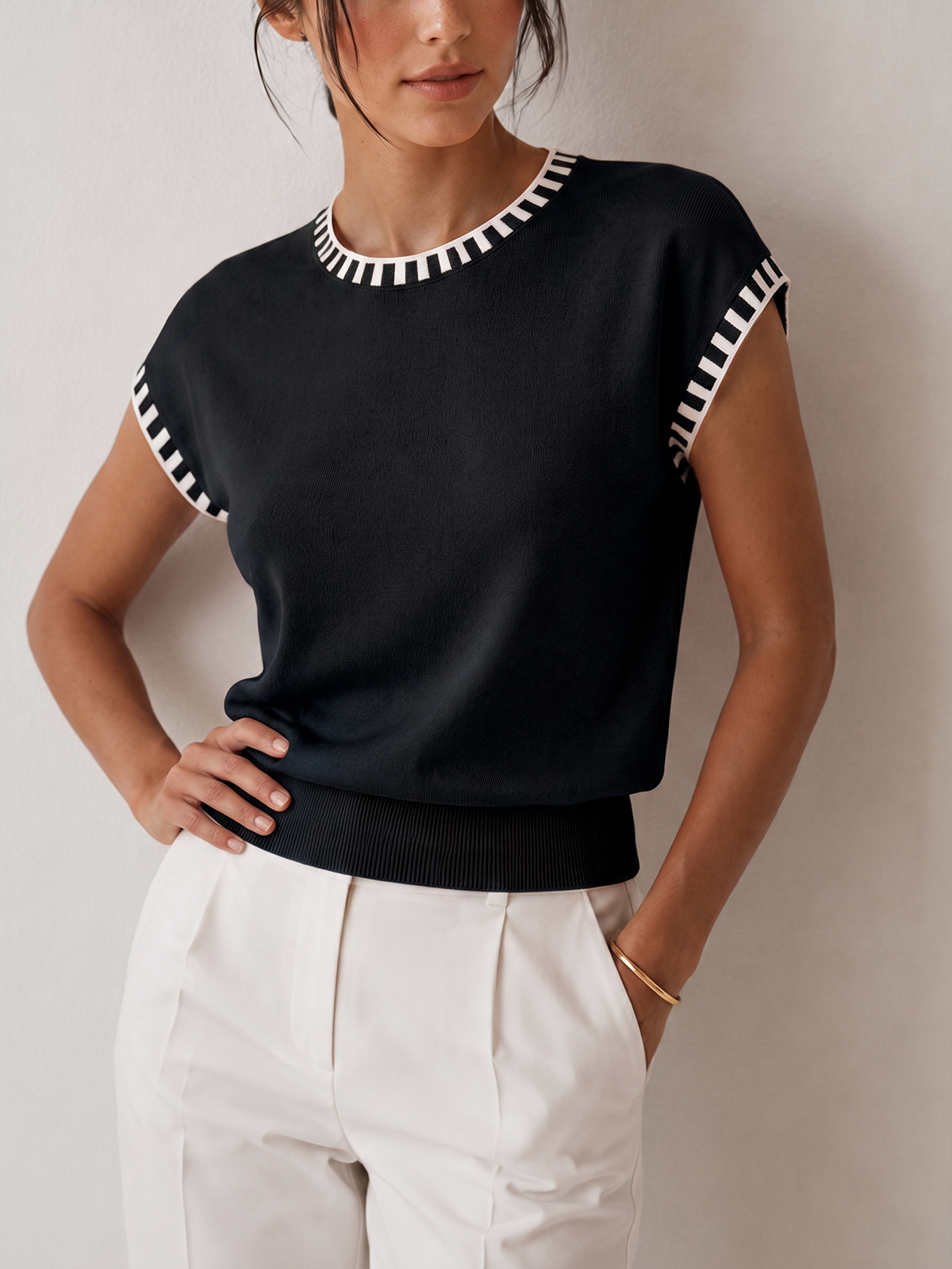 Cap Sleeve Knit Top with Contrast Trim