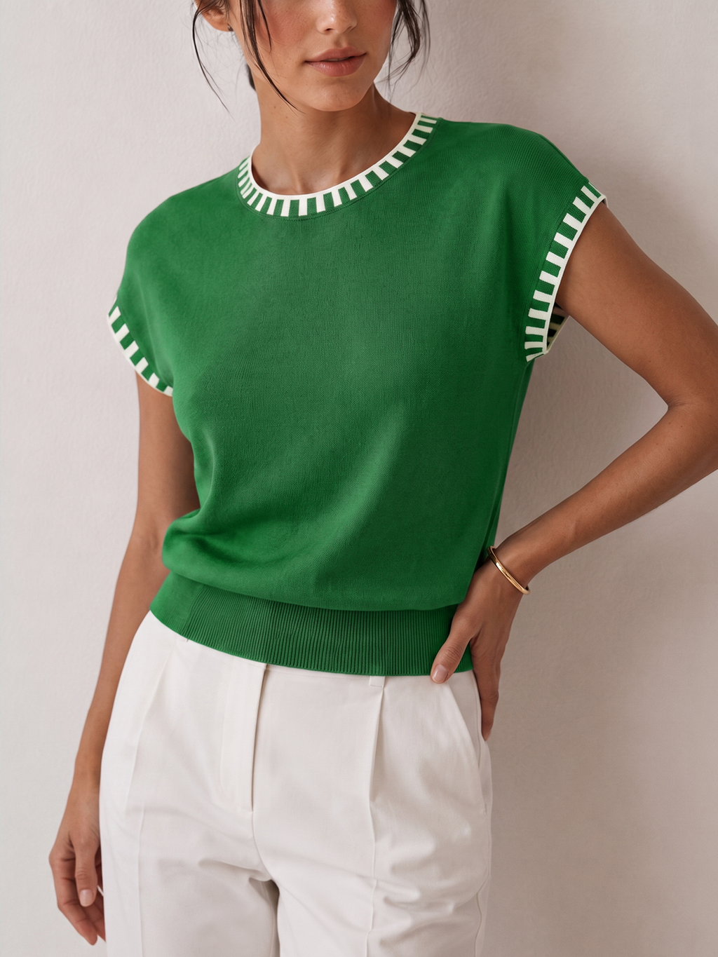 Cap Sleeve Knit Top with Contrast Trim