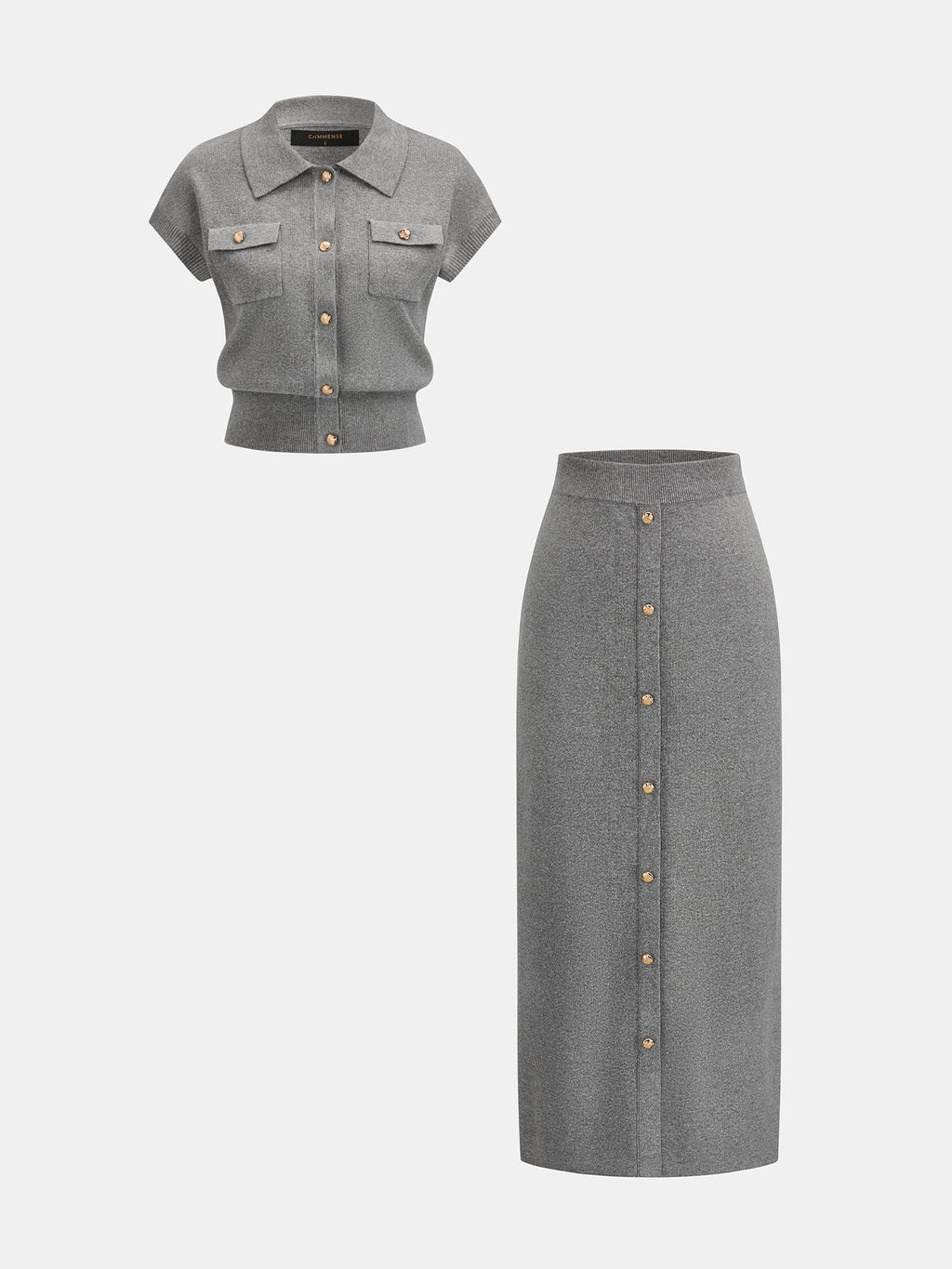 Chic Knit Skirt Set with Metal Button Details