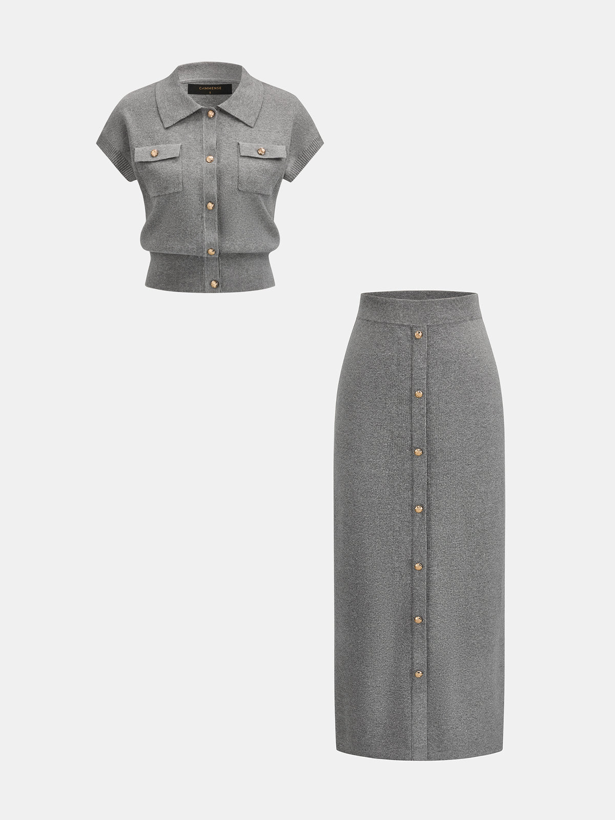 Chic Knit Skirt Set with Metal Button Details