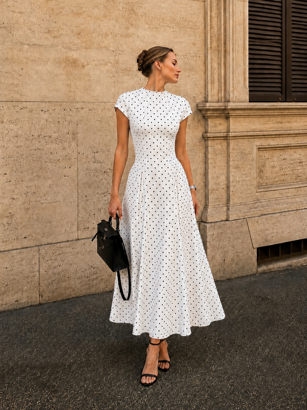 Polka Dot Cap Sleeve Fit and Flare Maxi Dress
