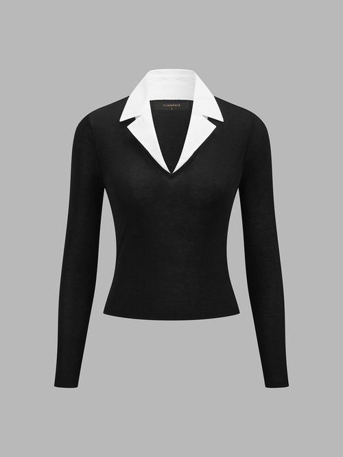 Chic Fitted Long Sleeve Top with Contrast Lapels