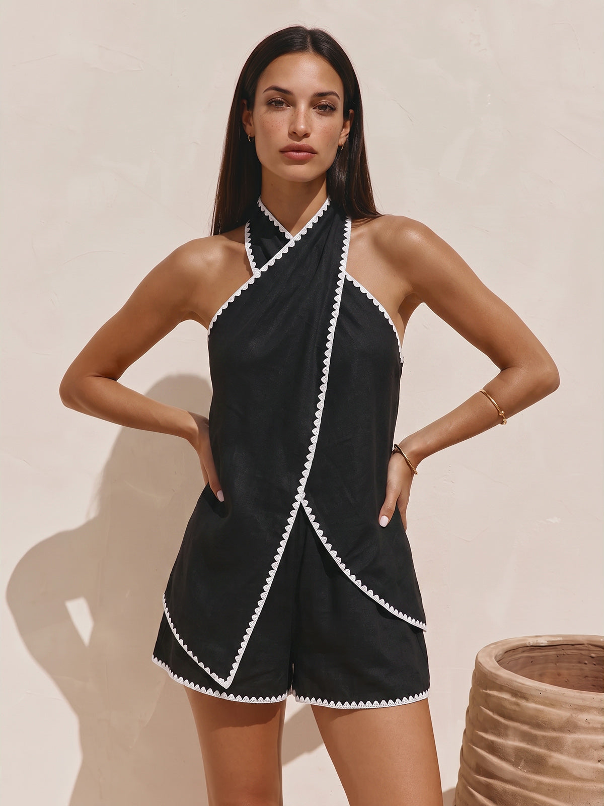 Linen Blend Two-Piece Set with Scalloped Trim