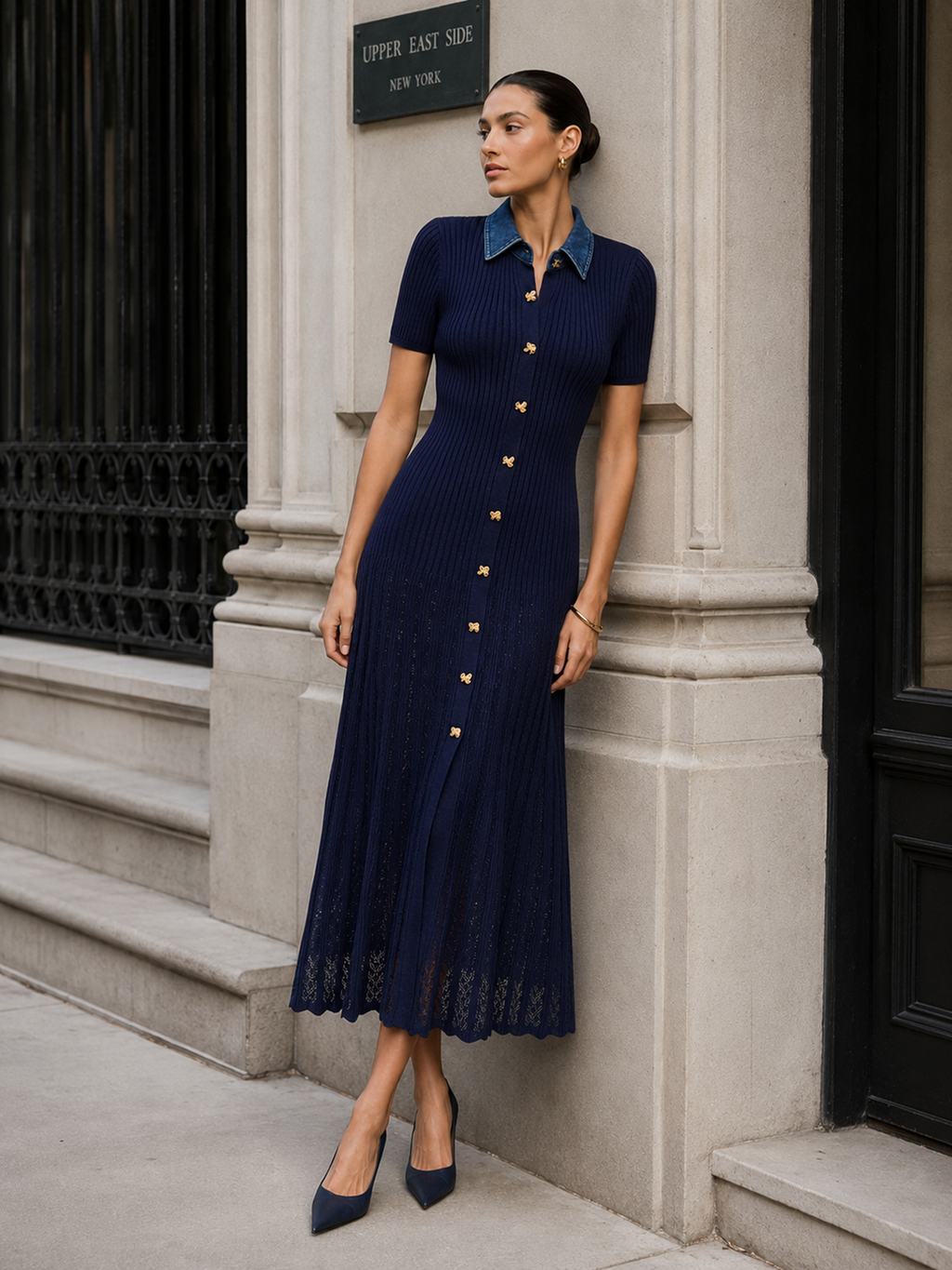 Ribbed Knit Maxi Dress with Denim Collar