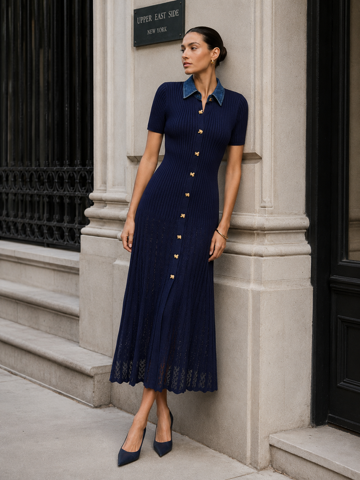 Ribbed Knit Maxi Dress with Denim Collar