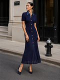 Ribbed Knit Maxi Dress with Denim Collar