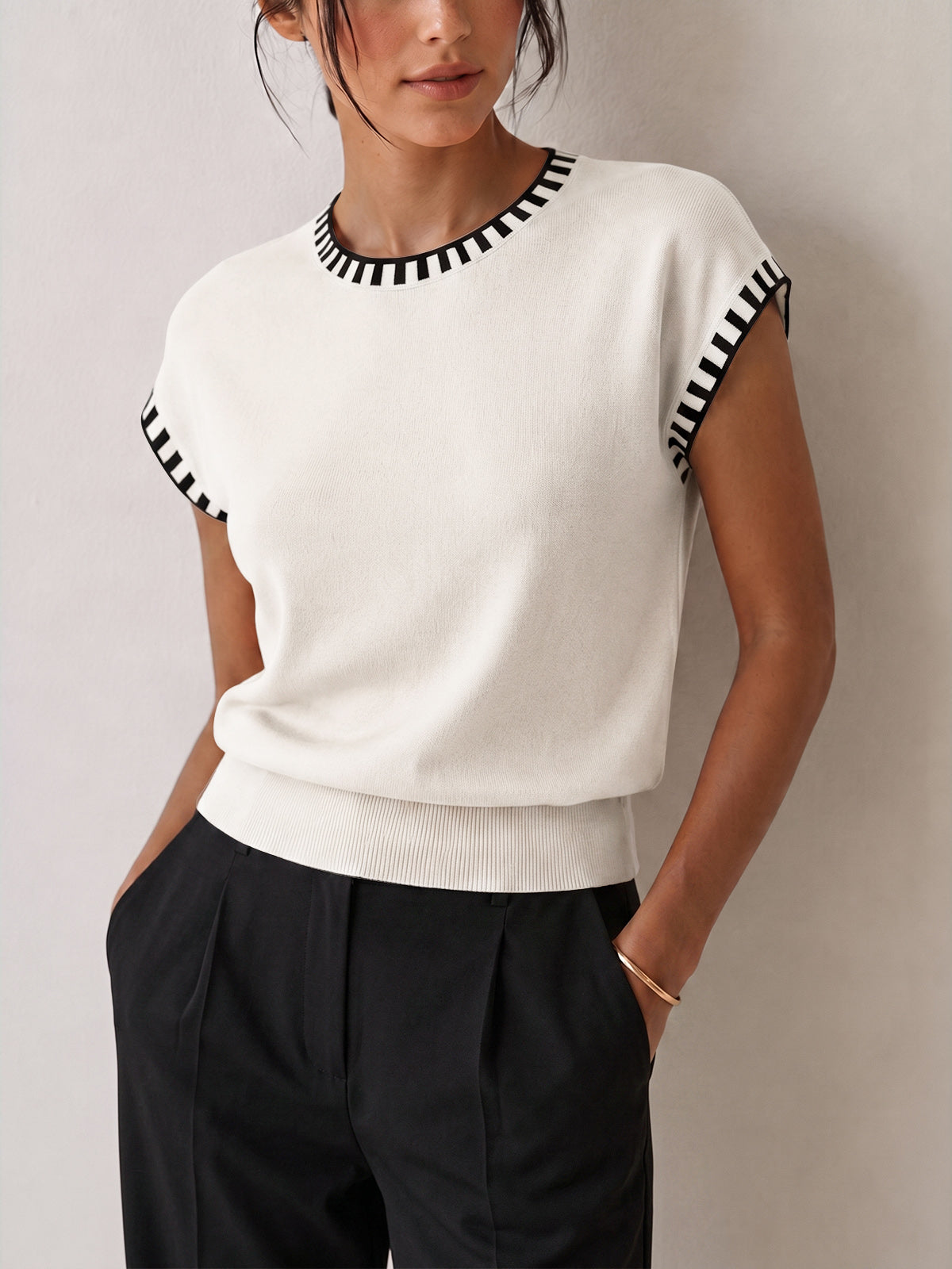Cap Sleeve Knit Top with Contrast Trim