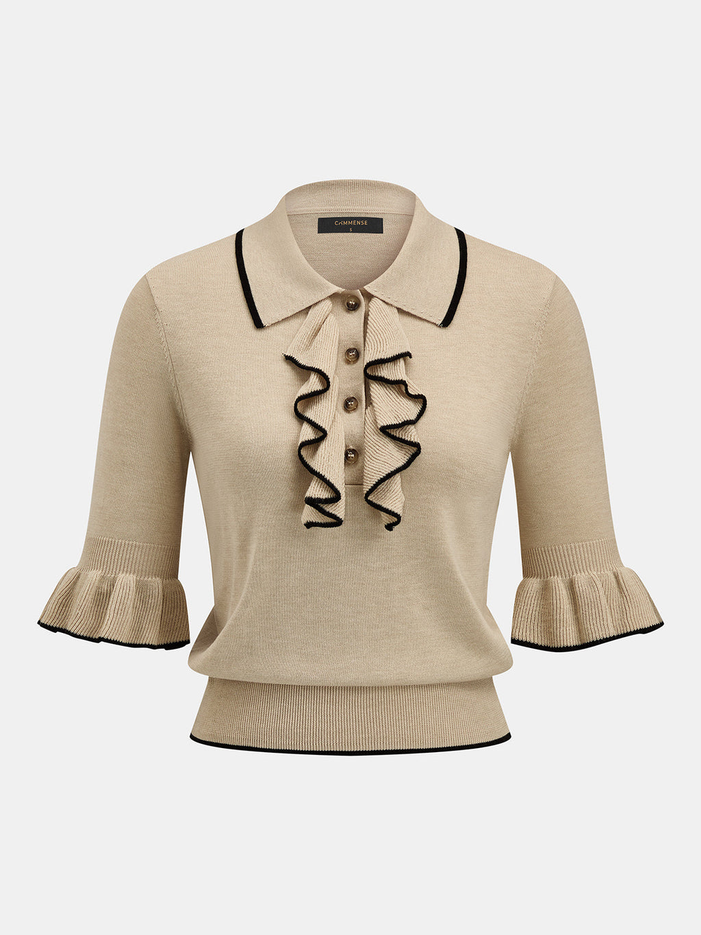 Ruffled Knit Top with Contrast Trim Details