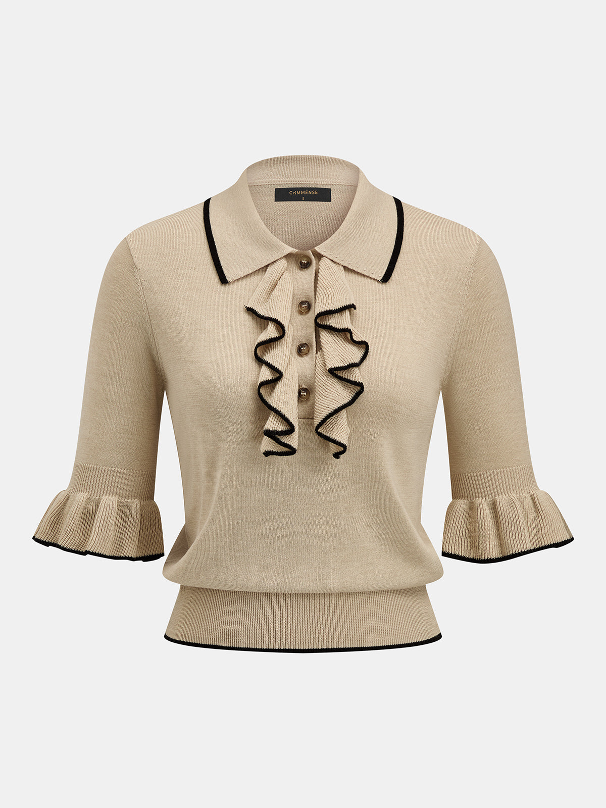 Ruffled Knit Top with Contrast Trim Details