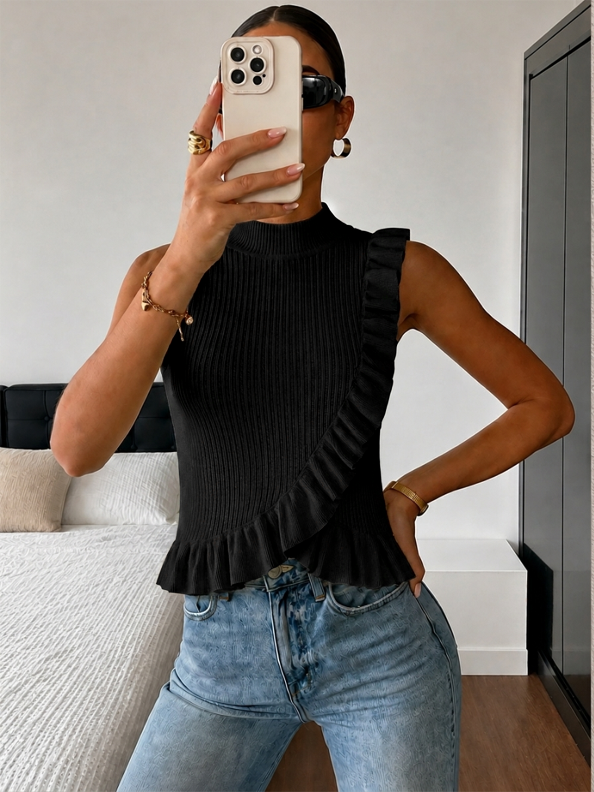 Chic Ribbed High Neck Sleeveless Top with Ruffle Detail