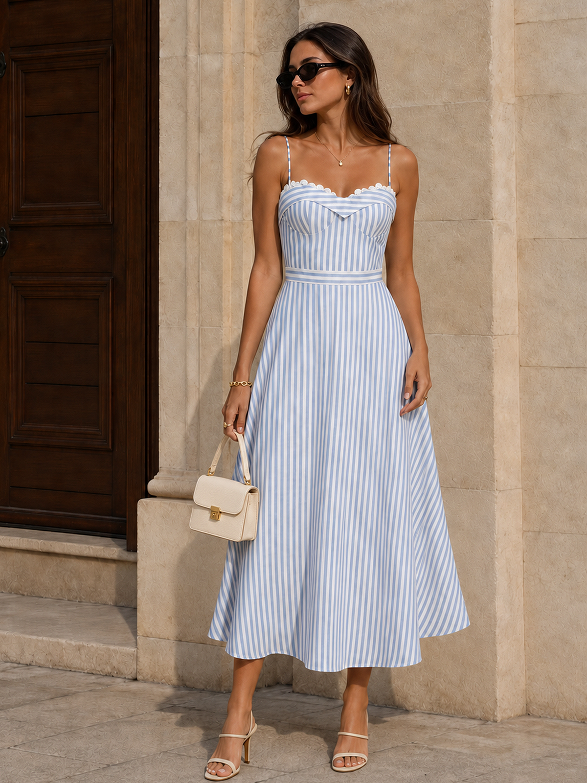 Striped Bustier Slip Dress with Lace Trim