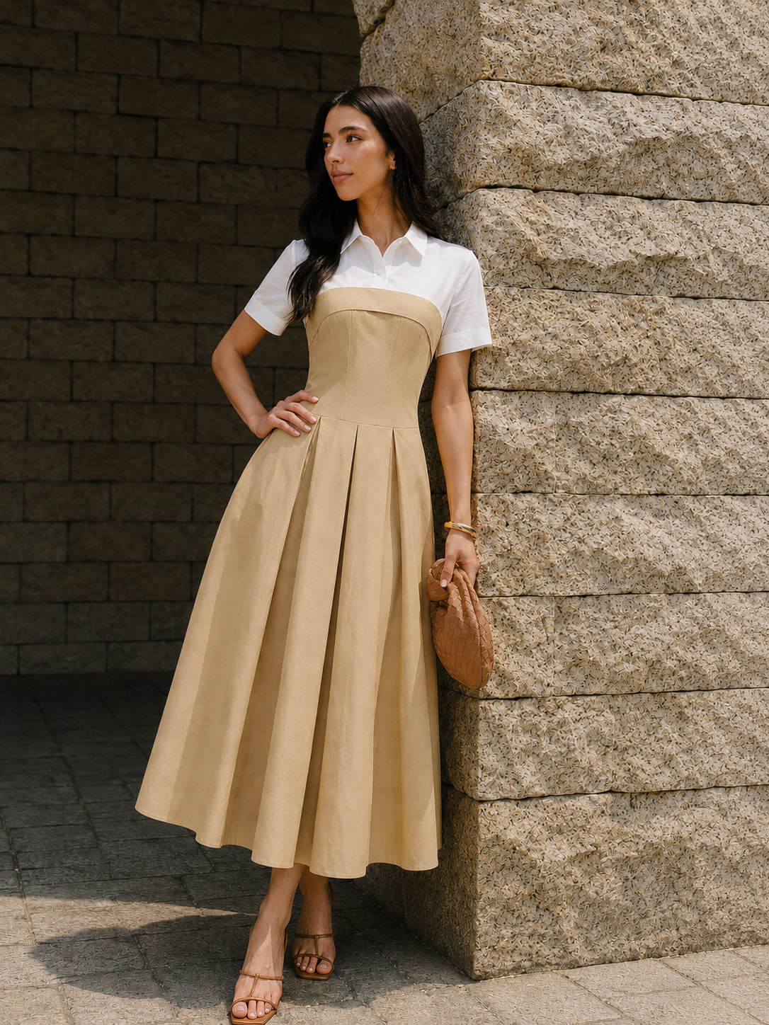 Collared Pleated Maxi Dress with Layered Look