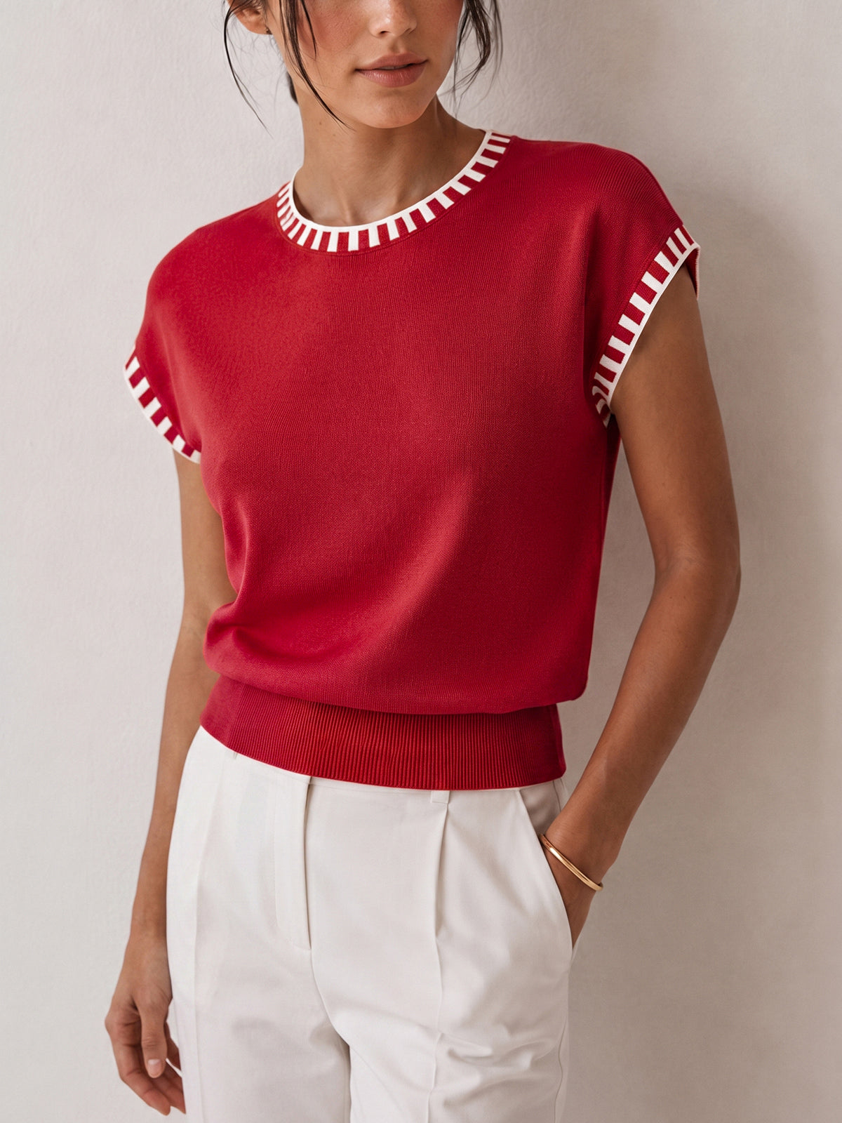 Cap Sleeve Knit Top with Contrast Trim