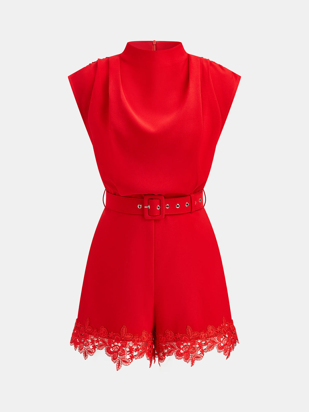 Chic Sleeveless Romper with Belt and Lace Trim