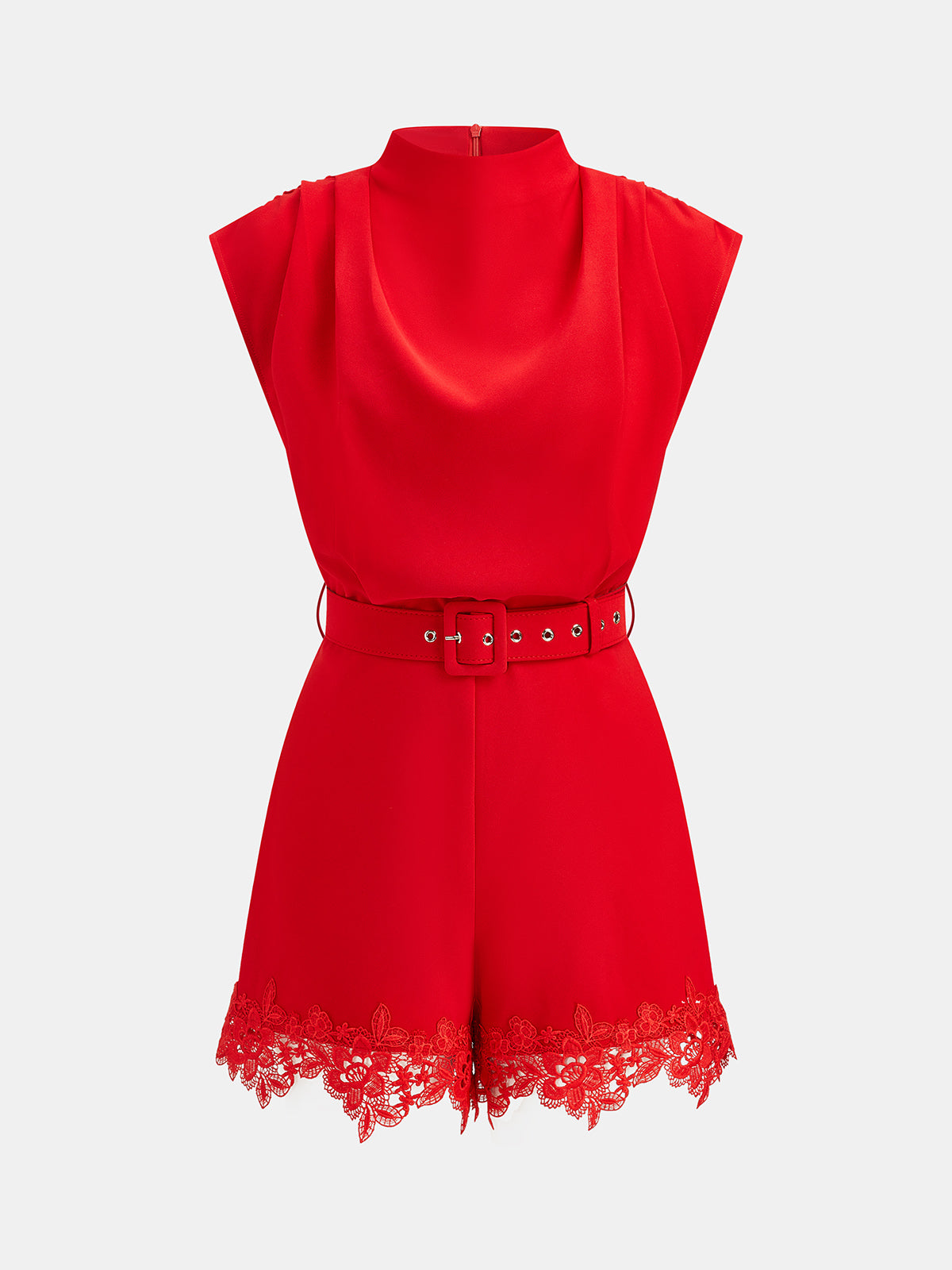 Chic Sleeveless Romper with Belt and Lace Trim