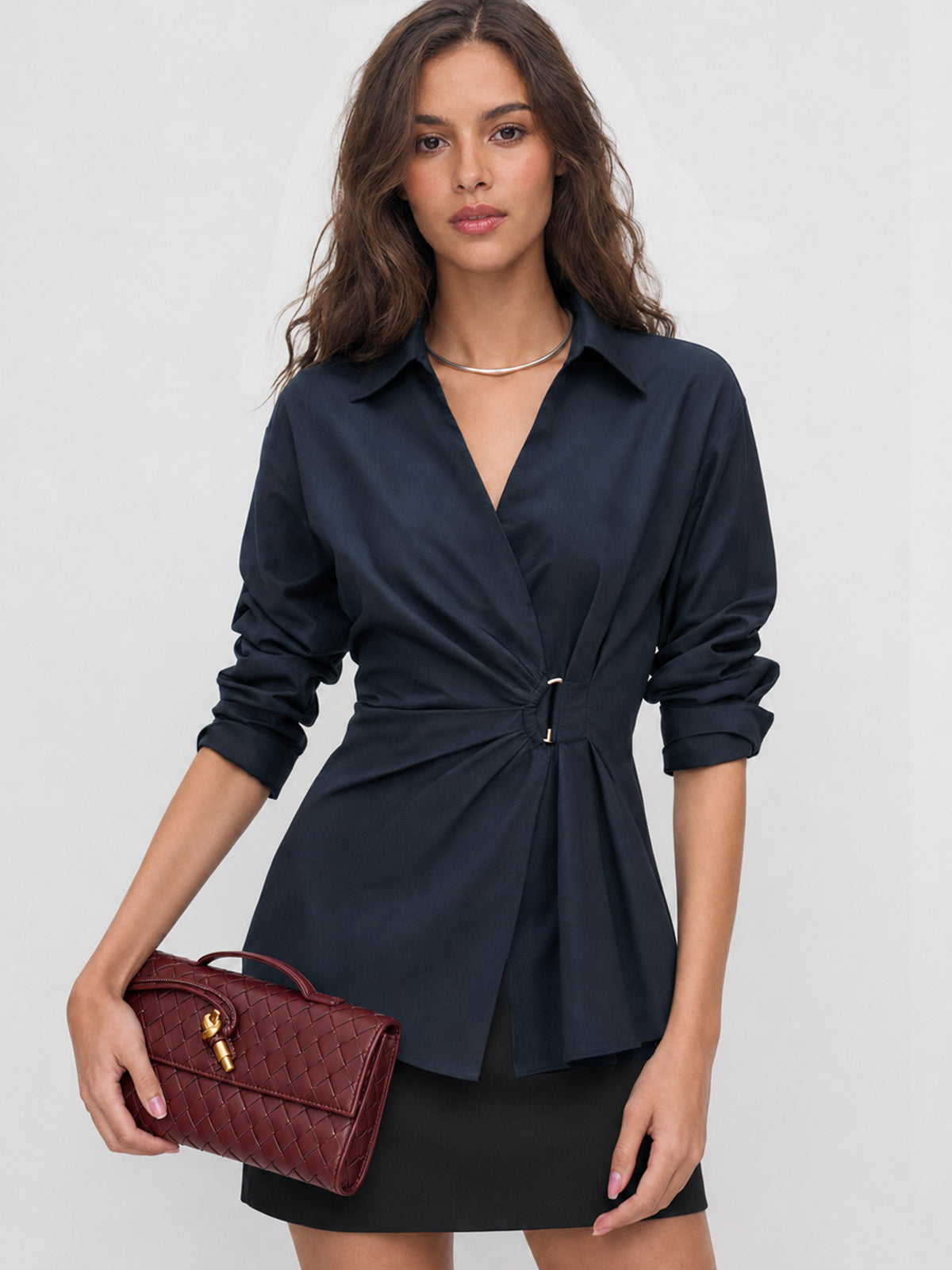Collared Wrap Blouse with Ruched Waist Detail