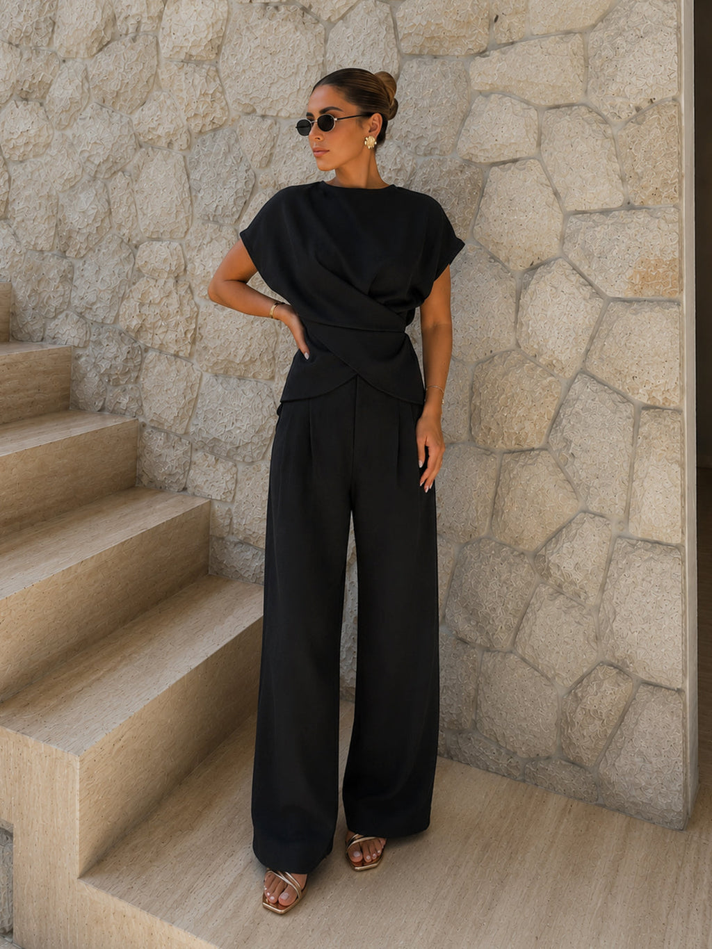 Satin Tie-Back Top with Pleated Trousers Ensemble