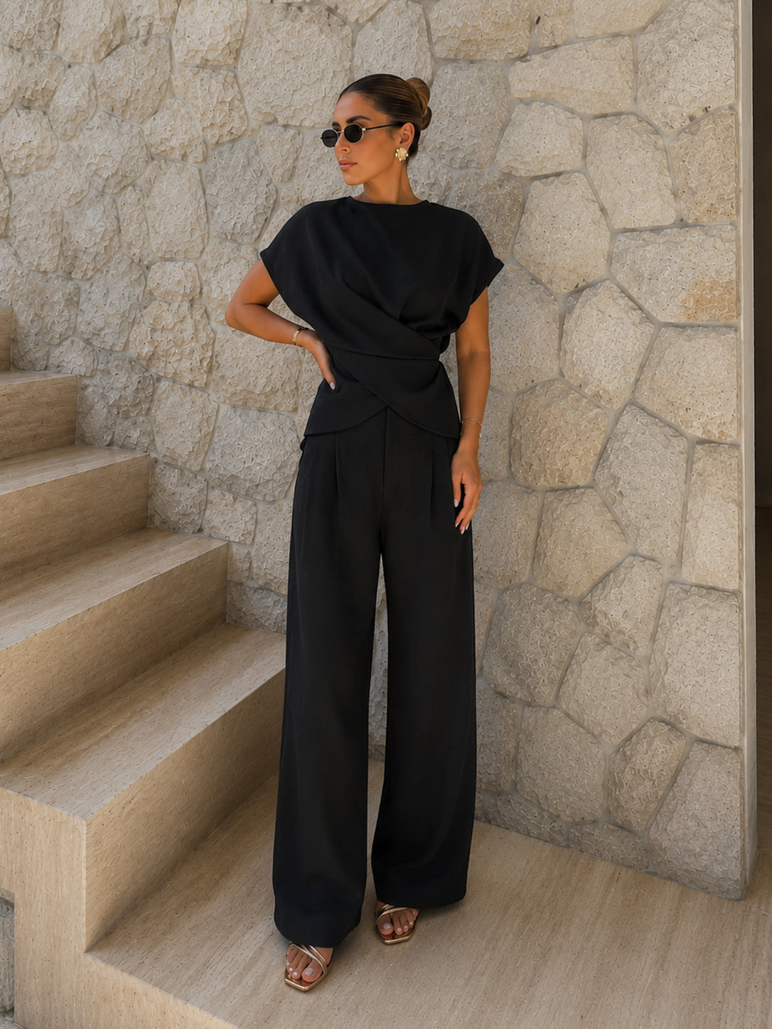 Satin Tie-Back Top with Pleated Trousers Ensemble
