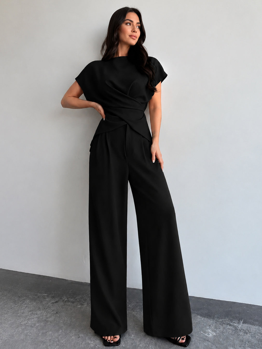 Satin Tie-Back Top with Pleated Trousers Ensemble