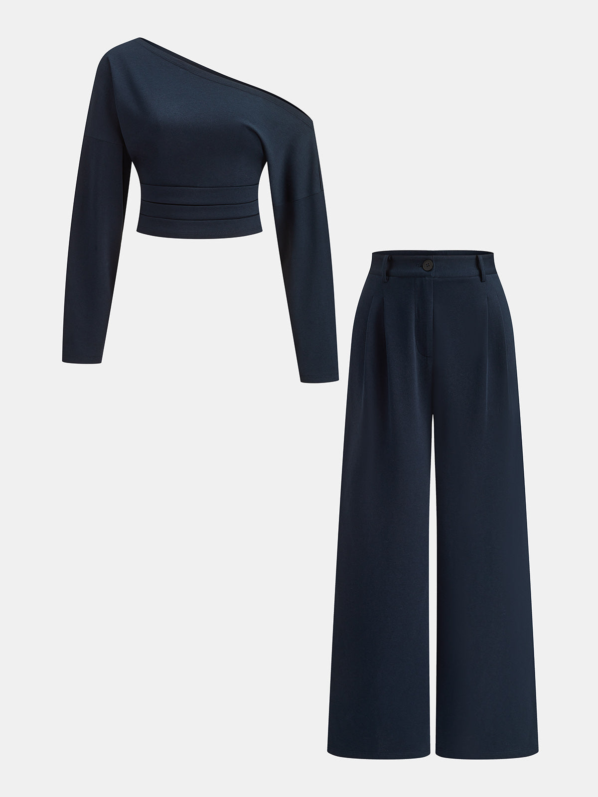 Chic Off-Shoulder Crop Top and Tailored Pants Ensemble