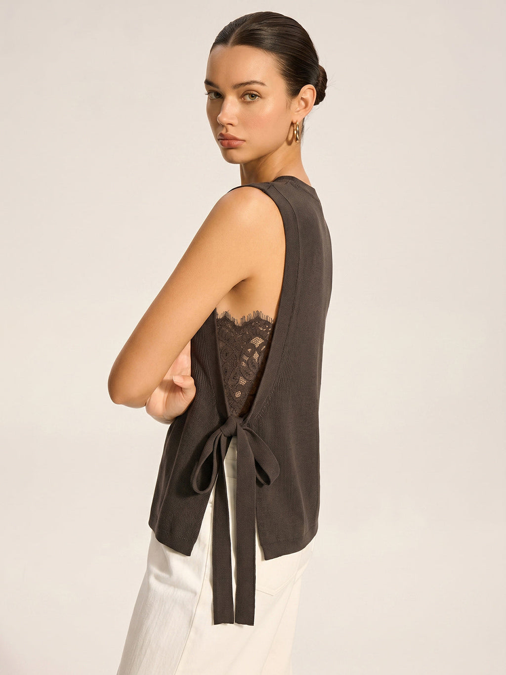 Lace-Trimmed Knit Sleeveless Top with Side Tie Detail