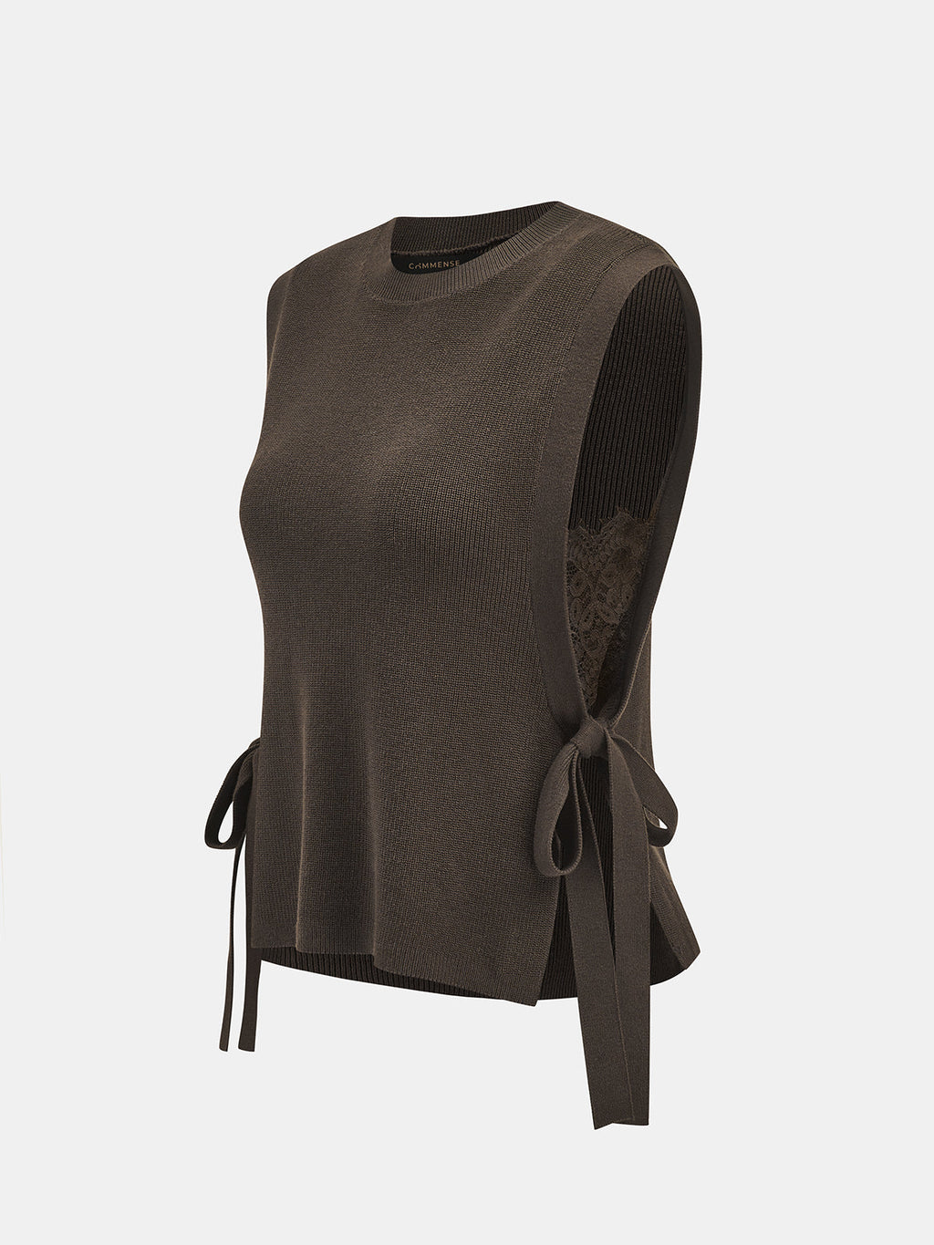 Lace-Trimmed Knit Sleeveless Top with Side Tie Detail
