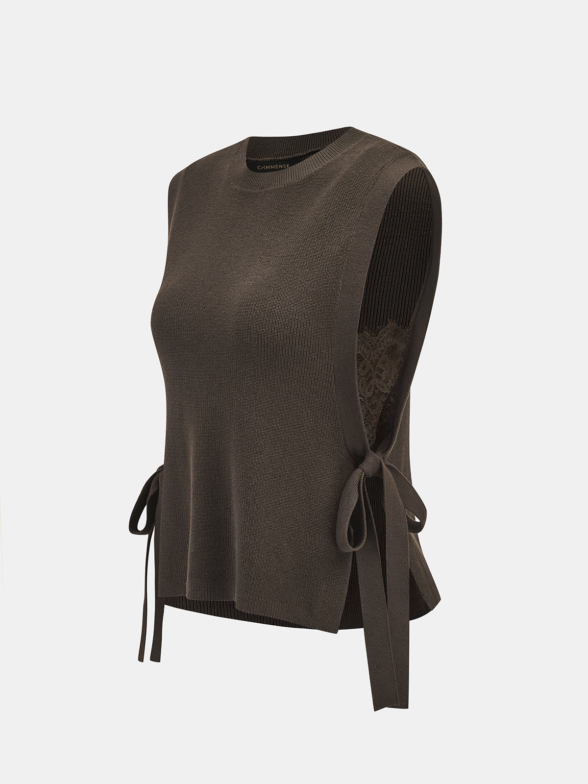 Lace-Trimmed Knit Sleeveless Top with Side Tie Detail