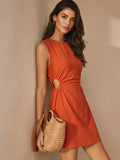 Side Cutout Ruched Sleeveless Cotton Mini Dress
